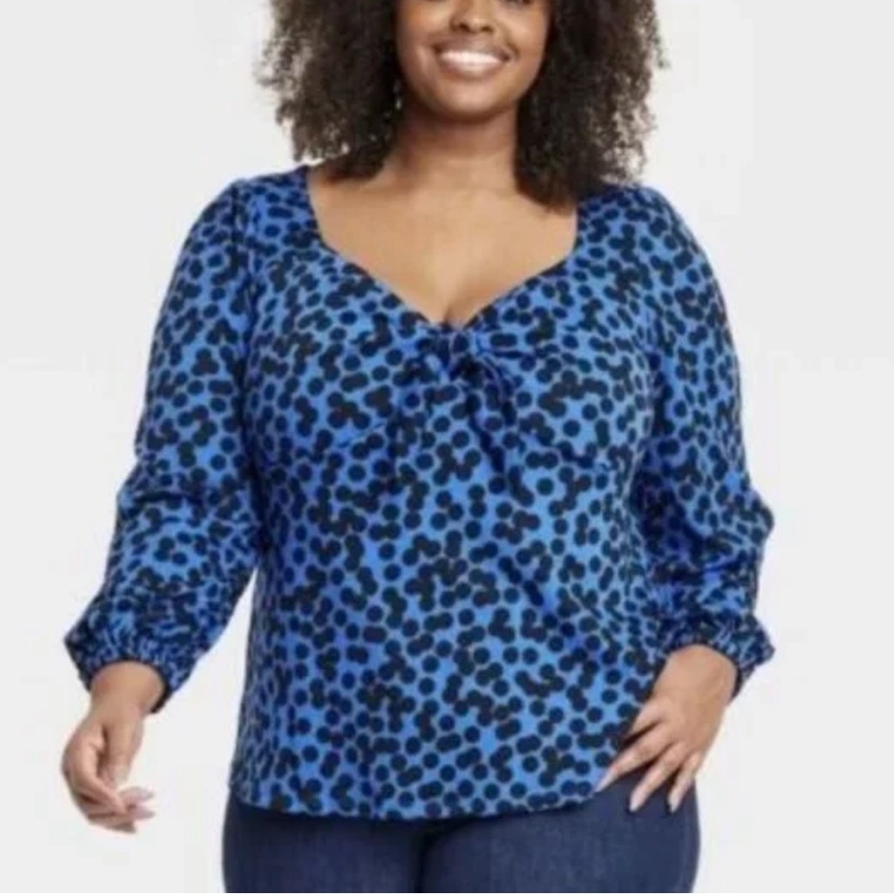 Ava and viv blue and black polka dot bow neck line